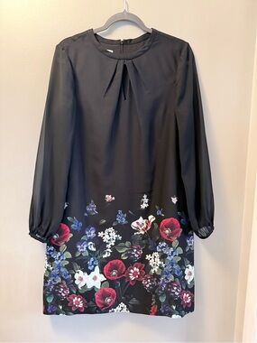 Hobbs London Black Floral-Print Sheer Long-Sleeve Shift Dress